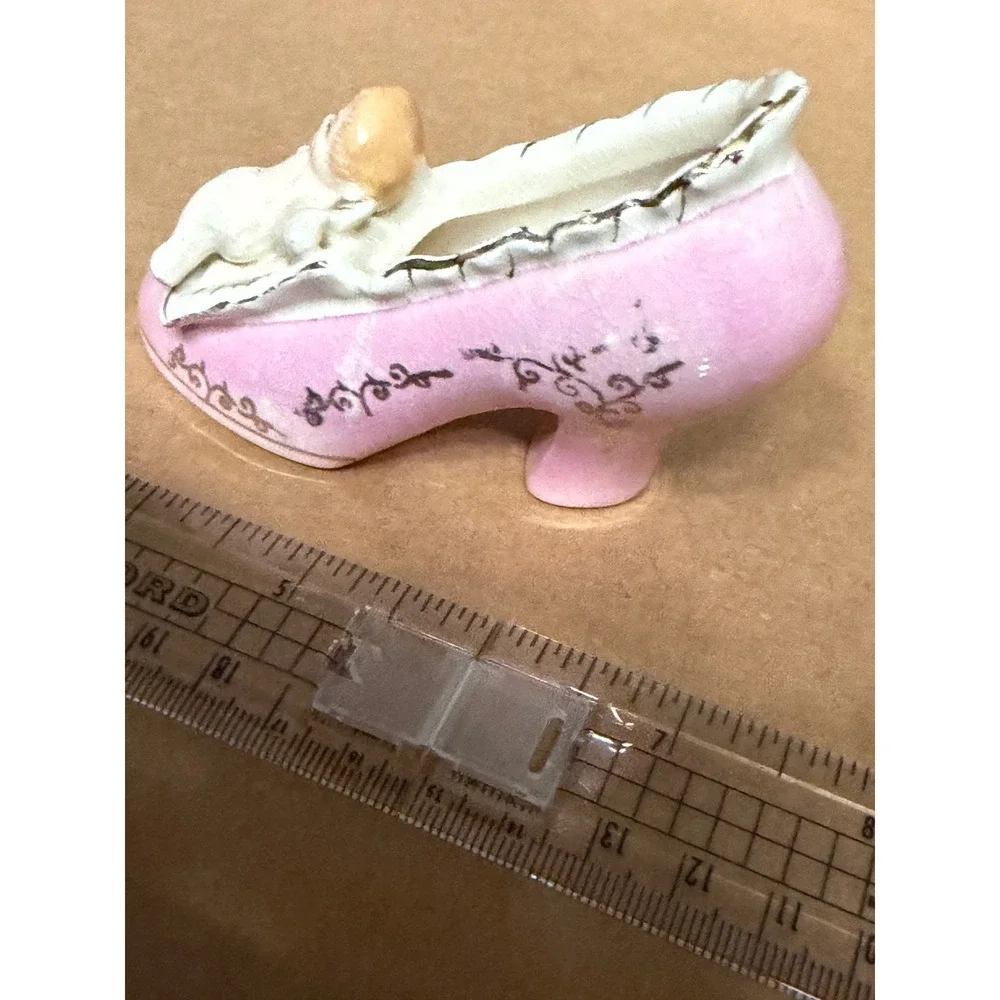 Vintage Moseco Japan Pink Ceramic Shoe Figurine with Cherub Angel Gold Gilt Trim
